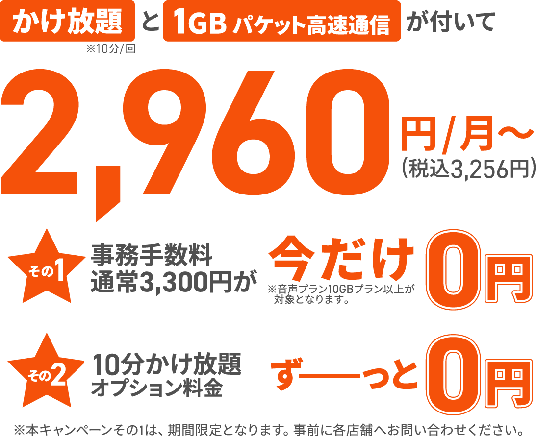 かけ放題と1GBパケット高速通信がついて 税抜2,960円